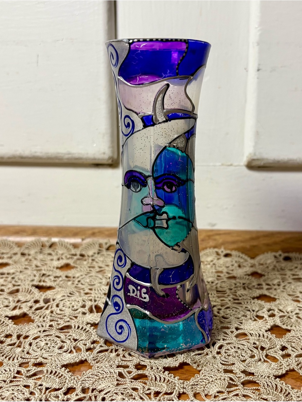 Vintage 90s Celestial Mosaic Style Hand Painted Sun Moon Glass Bud Vase